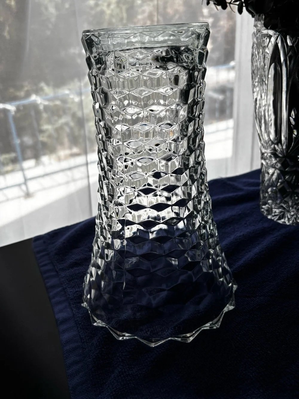 Highly Collectible Vintage Whitehall Cubist Clear Glass Flared Flower Vase -10”